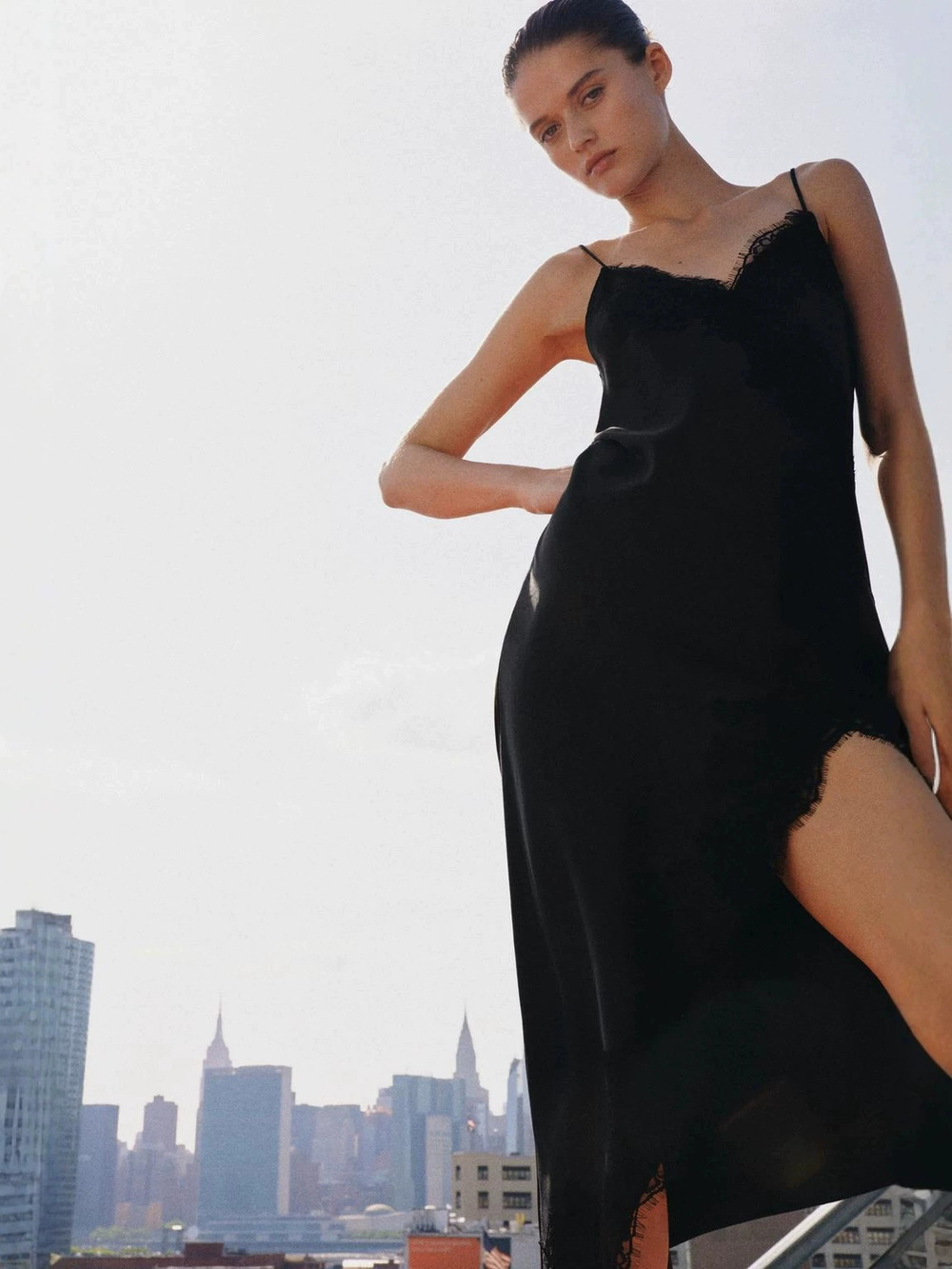 Zara Lace Spliced Satin Slip Dress High Slit